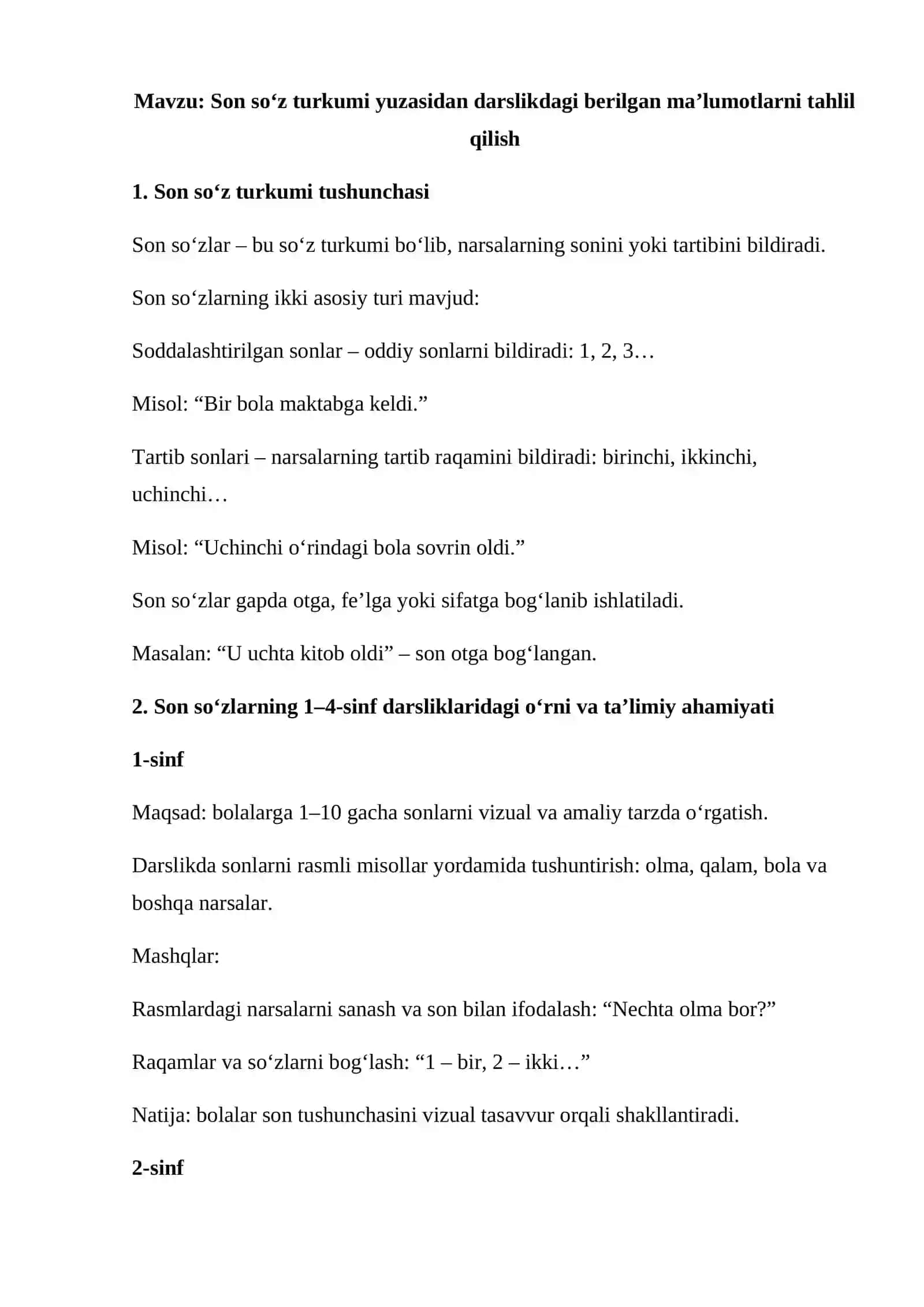 Son so‘z turkumi yuzasidan darslikdagi berilgan ma’lumotlarni tahlil qilish 2