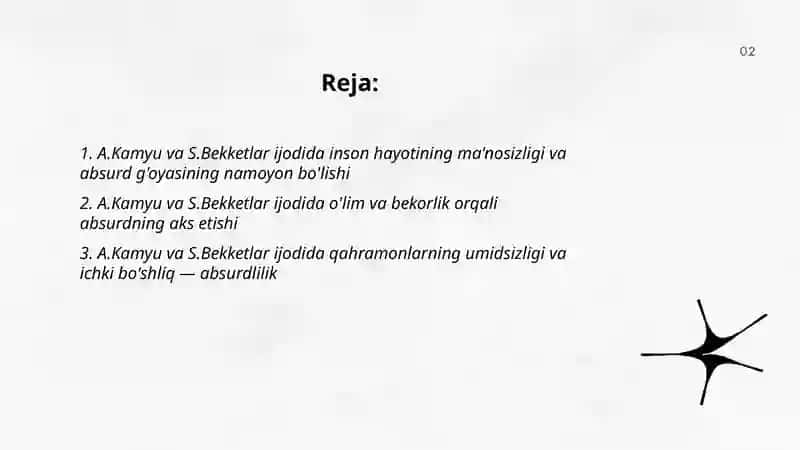 A.Kamyu va S.Bekketlar ijodida absurd g'oyasining namoyon bo'lishi 2