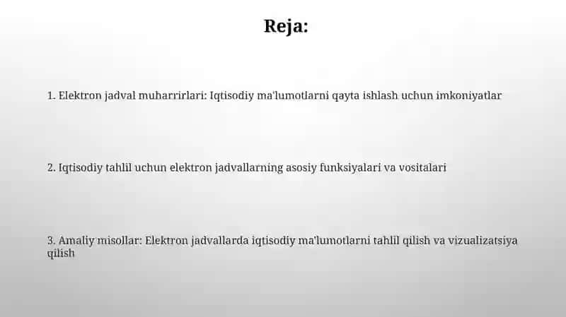Elektron jadval muharrirlari: Iqtisodiy ma'lumotlarni qayta ishlash 2