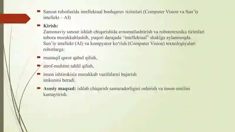 Sanoat robotlarida intellektual boshqaruv tizimlari (Computer Vision va Sun’iy intellekt – AI) 2