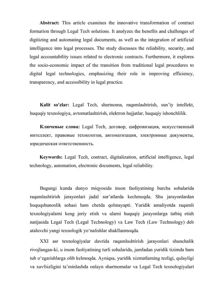LEGAL TECH ORQALI SHARTNOMA TUZISH JARAYONINING TRANSFORMATSIYASI 2