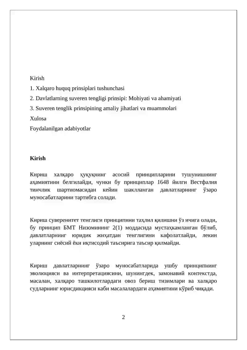 Xalqaro xuquq prinsiplari tushunchasi. Davlatlarning suveren tengligi prinsipi 2