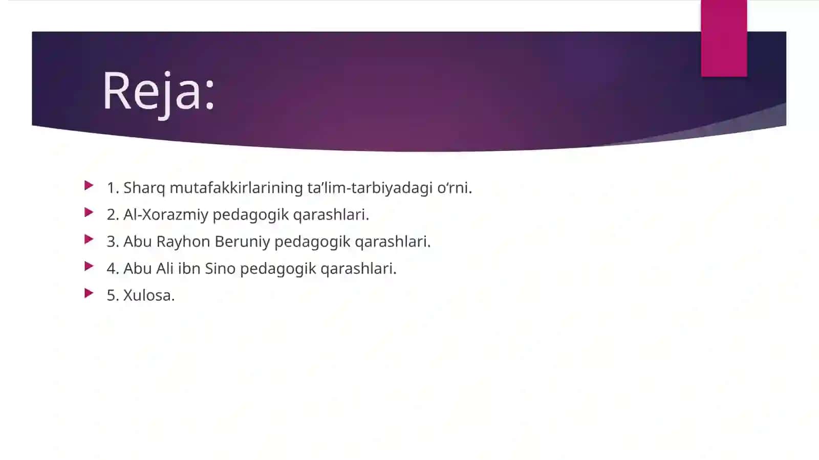 Sharq mutafakkirlarining pedagogik qarashlari va qoygan is toz-murabbiygatalablarini o'rganib taqdimot myyorlang 2