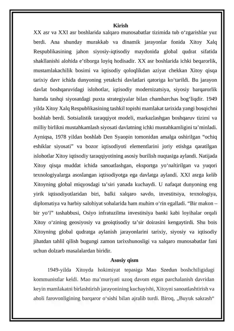 XX-XXI asrlarda Xitoyning global qudratga aylanishi jarayonlari 2