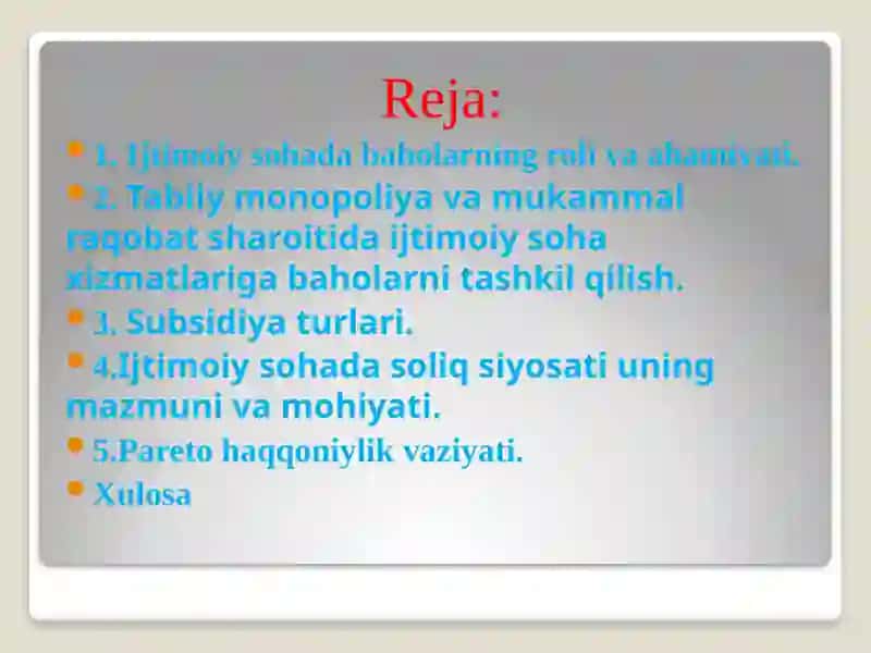 Ijtimoiy Sohadagi Baholar va Subsidiyalar 2