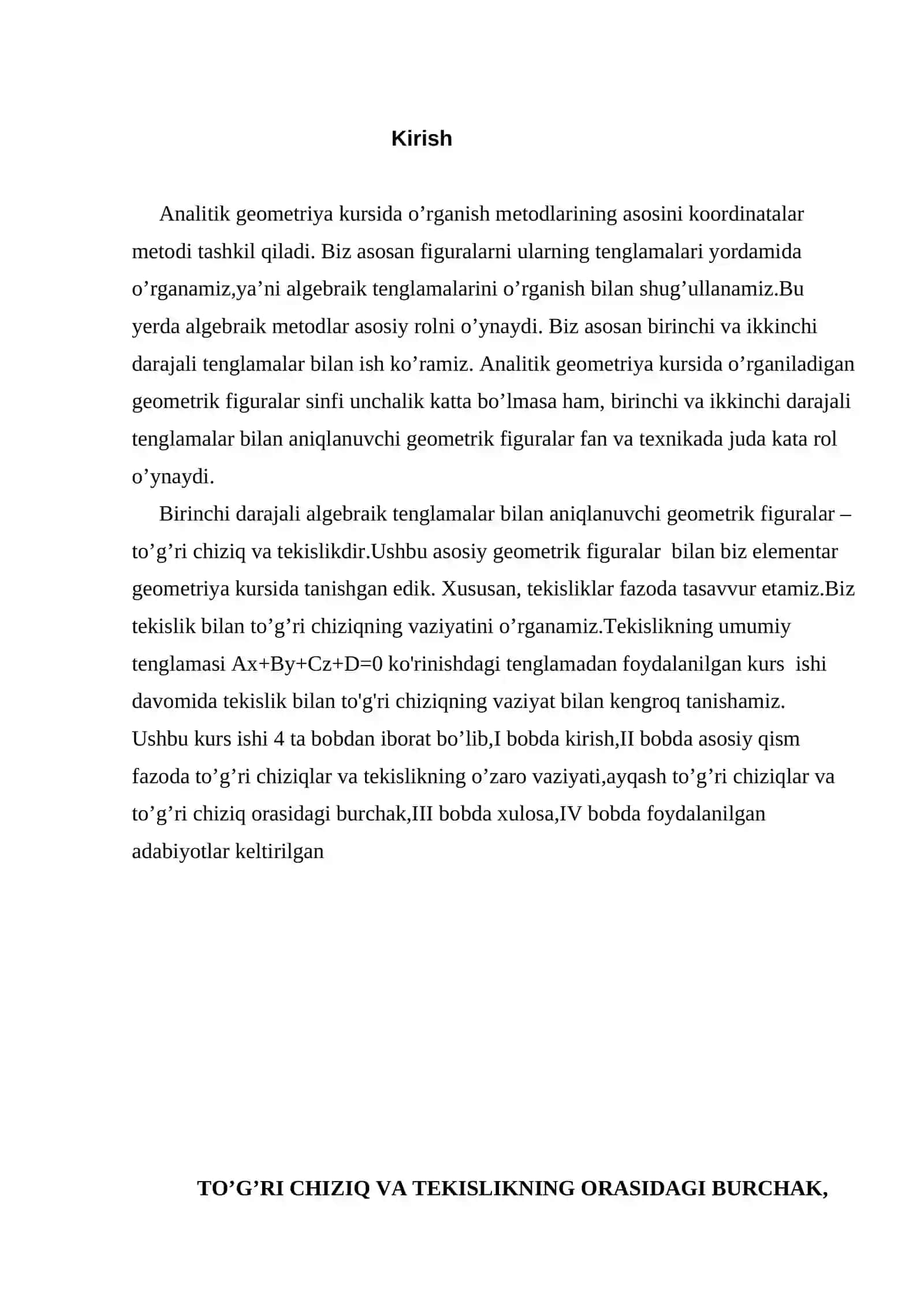 FAZODA TO'G'RI CHIZIQ BILAN TEKISLIKNING OʻZARO VAZIYATI 2