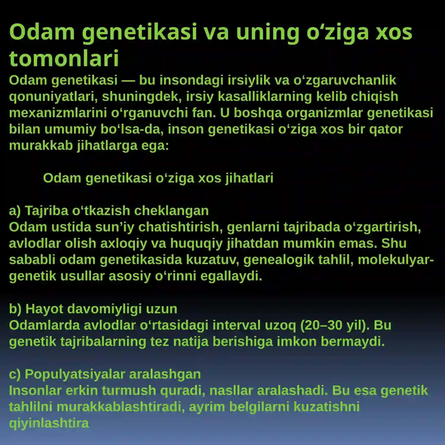 Odam genetikasi va uning o‘ziga xos tomonlari. Genealogik usul. Irsiylanish xillari. Odamlarda yaxshi o‘rganilgan dominant va resessiv belgilar 2