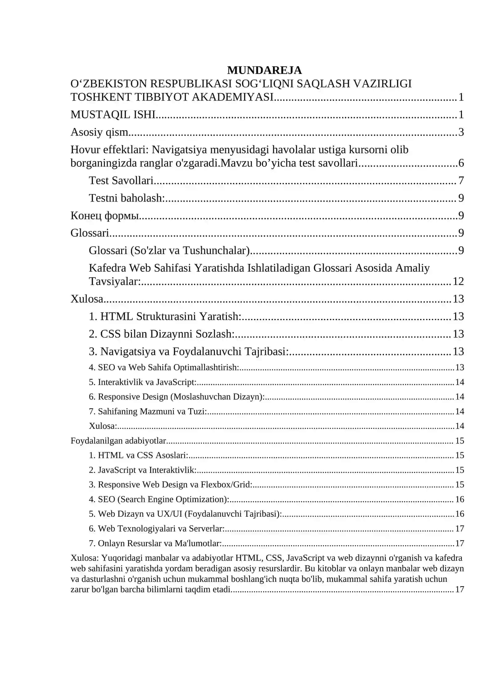 Ta'limda axborot texnologiyalari” fanidan HTML tilida KAFEDRA web sahifasini yaratish glossari” 2