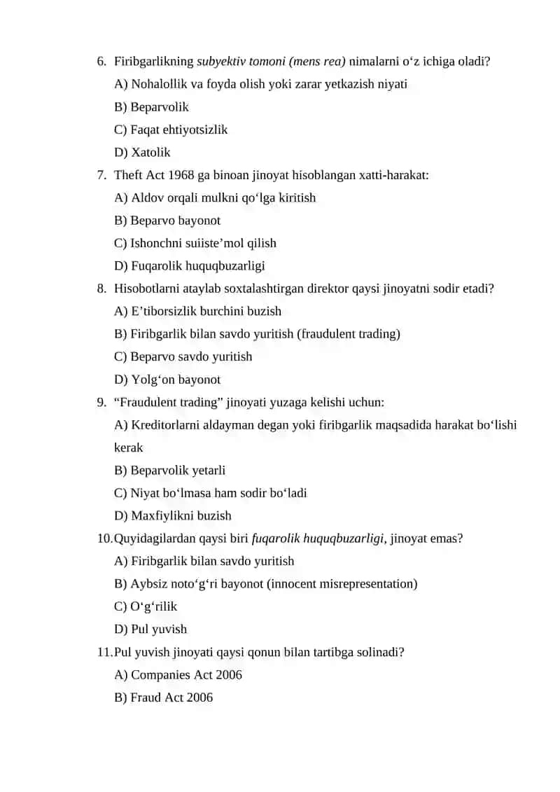 FIRIBGARLIK VA JINOYAT XATTI-HARAKATI - 30 TEST SAVOLI 2