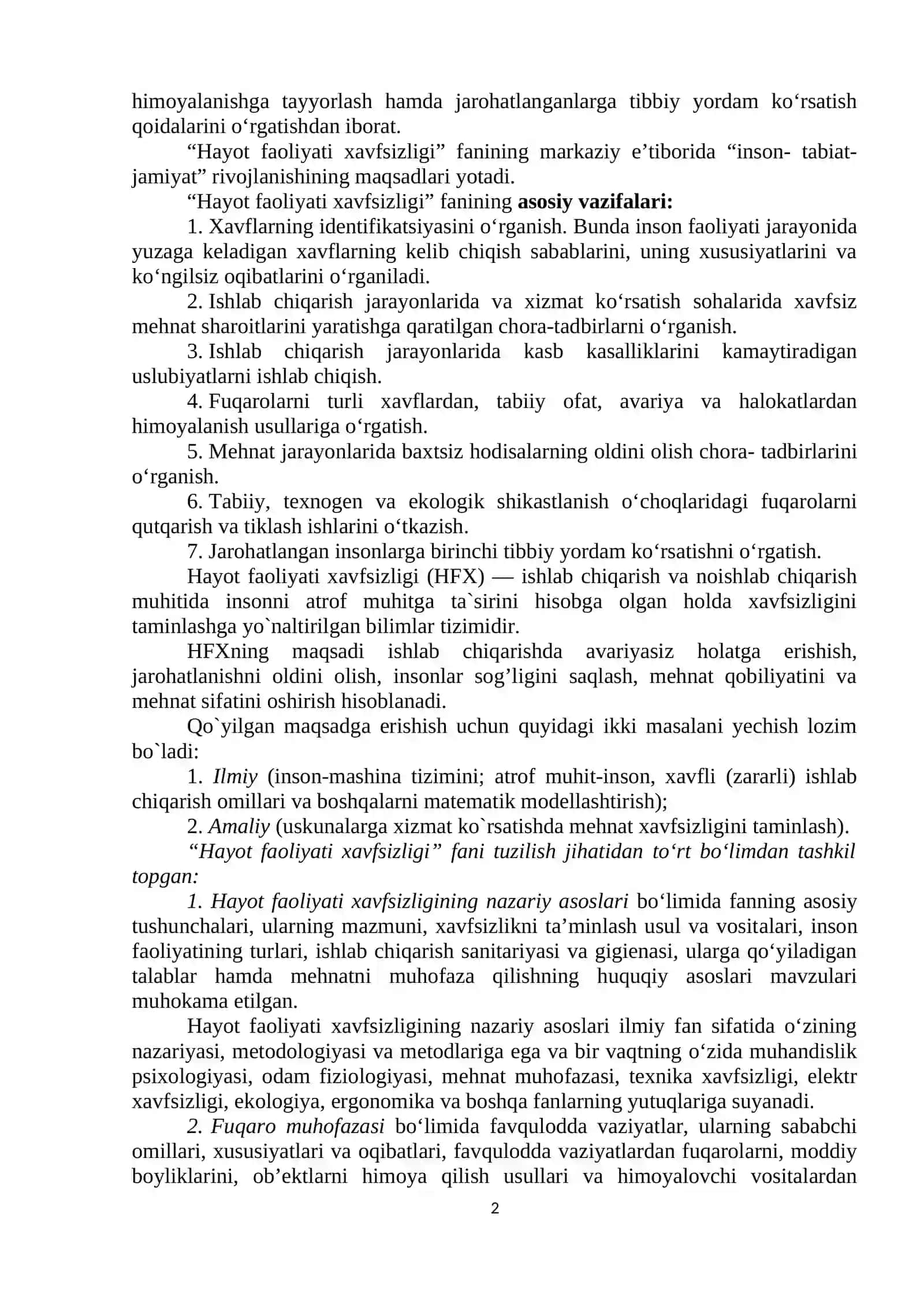 Hayot faoliyati xavfsizligi faniga kirish 2