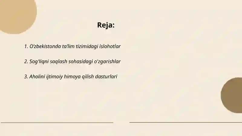 O'zbekistonda ijtimoiy sohada amalga oshirilayotgan o'zgarishlar mazmun va mohiyati 2