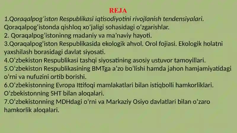 MUSTAQILLIK YILLARIDA QORAQALPOGʻISTON RESPUBLIKASI. ОʻZBEKISTON VA JAHON HAMJAMIYATI 2