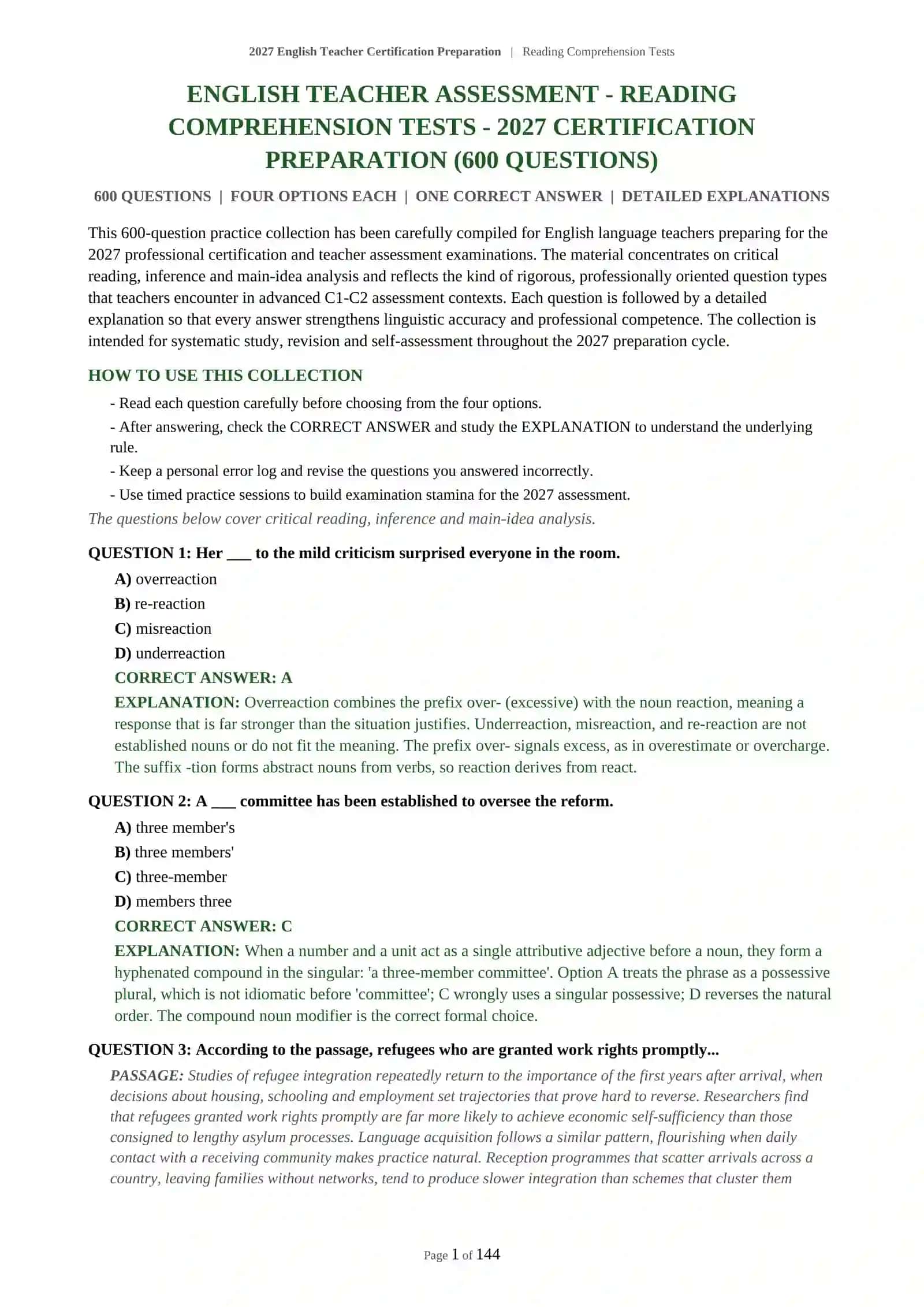2027 English Teacher Certification Preparation | Reading Comprehension Tests 2