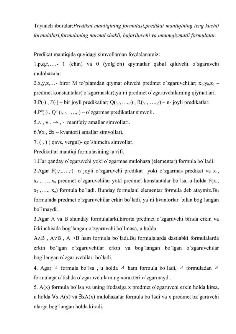 Predikat mantiqining formulasi 2