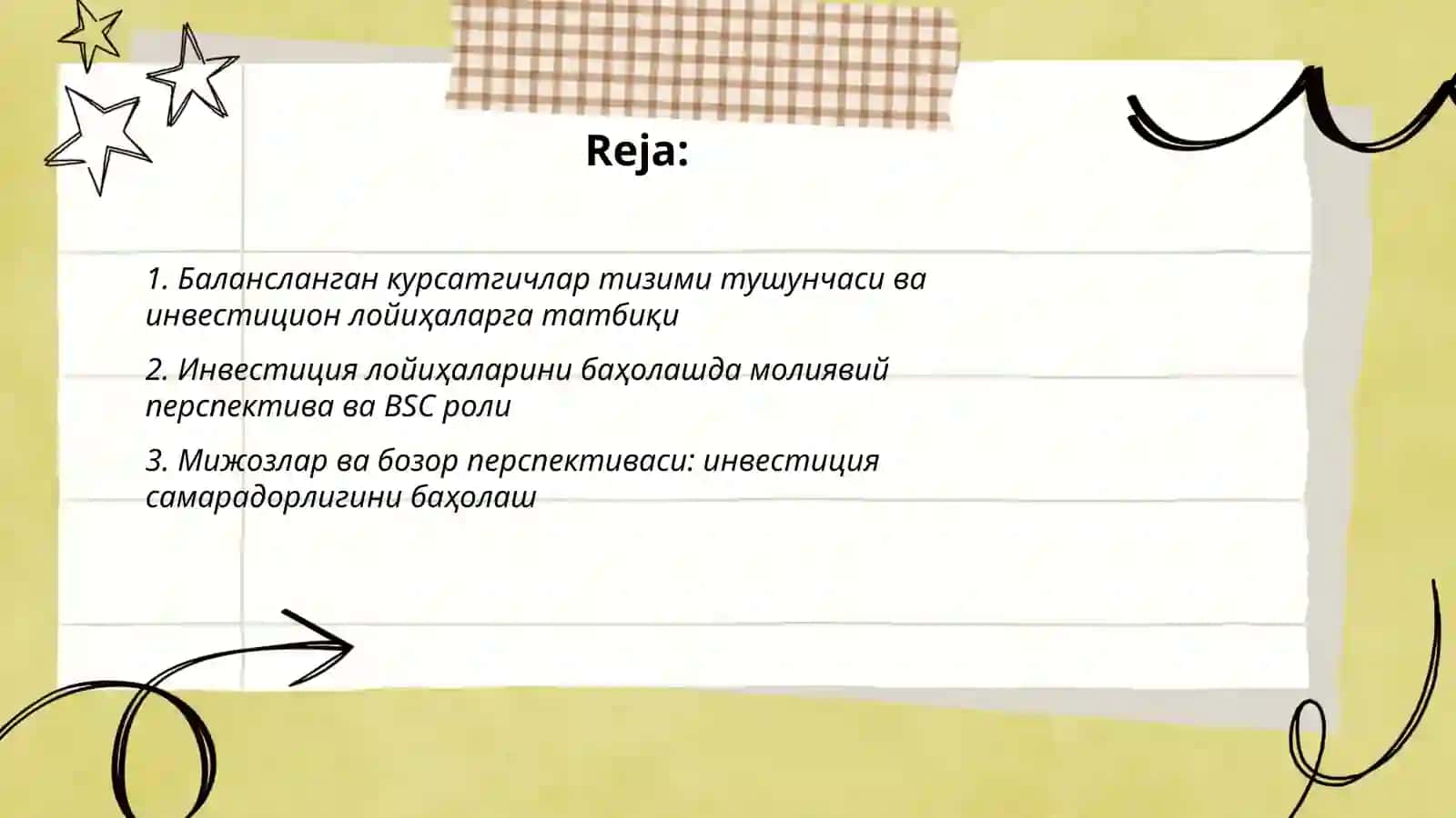 Инвестицион лойихаларни бахолашда балансланган курсатгичлар тизимини ахамияти 2