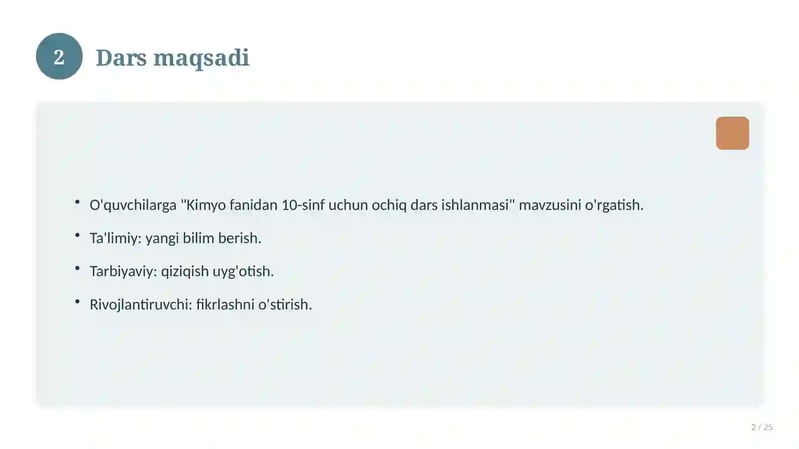 Kimyo fanidan 10-sinf uchun ochiq dars ishlanmasi 2