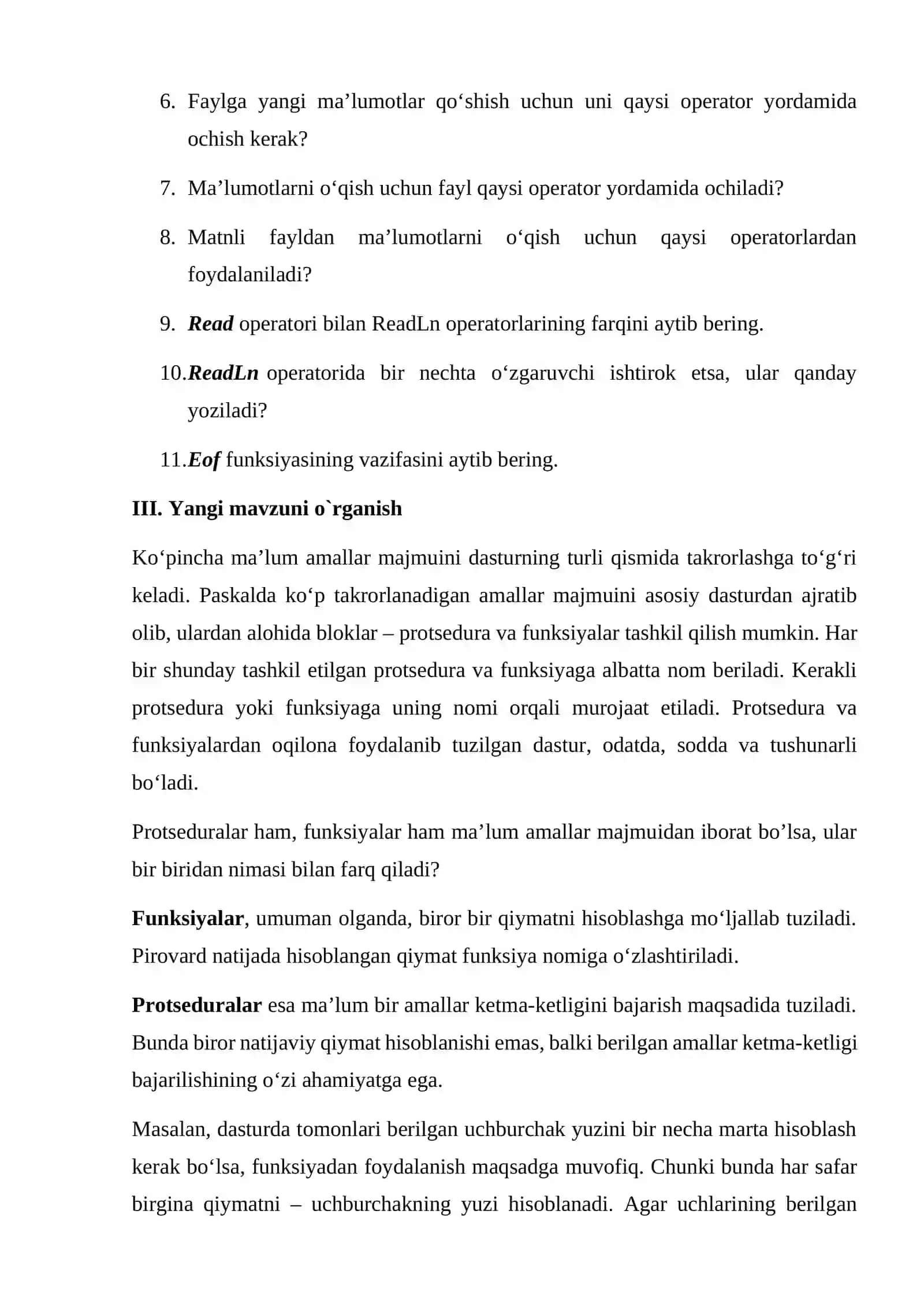 “Protsedura va funksiyalar” 2