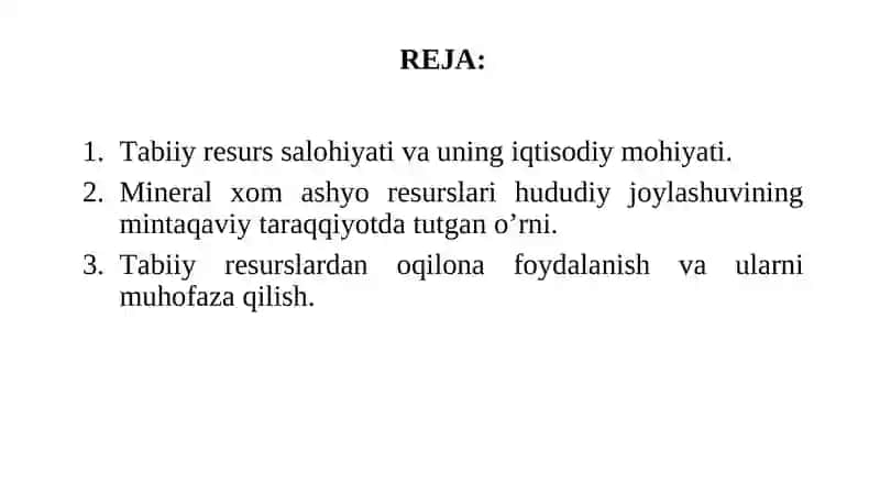 Mintаqаlаr tаbiiy-rеsurs sаlоhiyati vа ulаrning hududiy tаrаqqiyotdа tutgаn o’rni 2