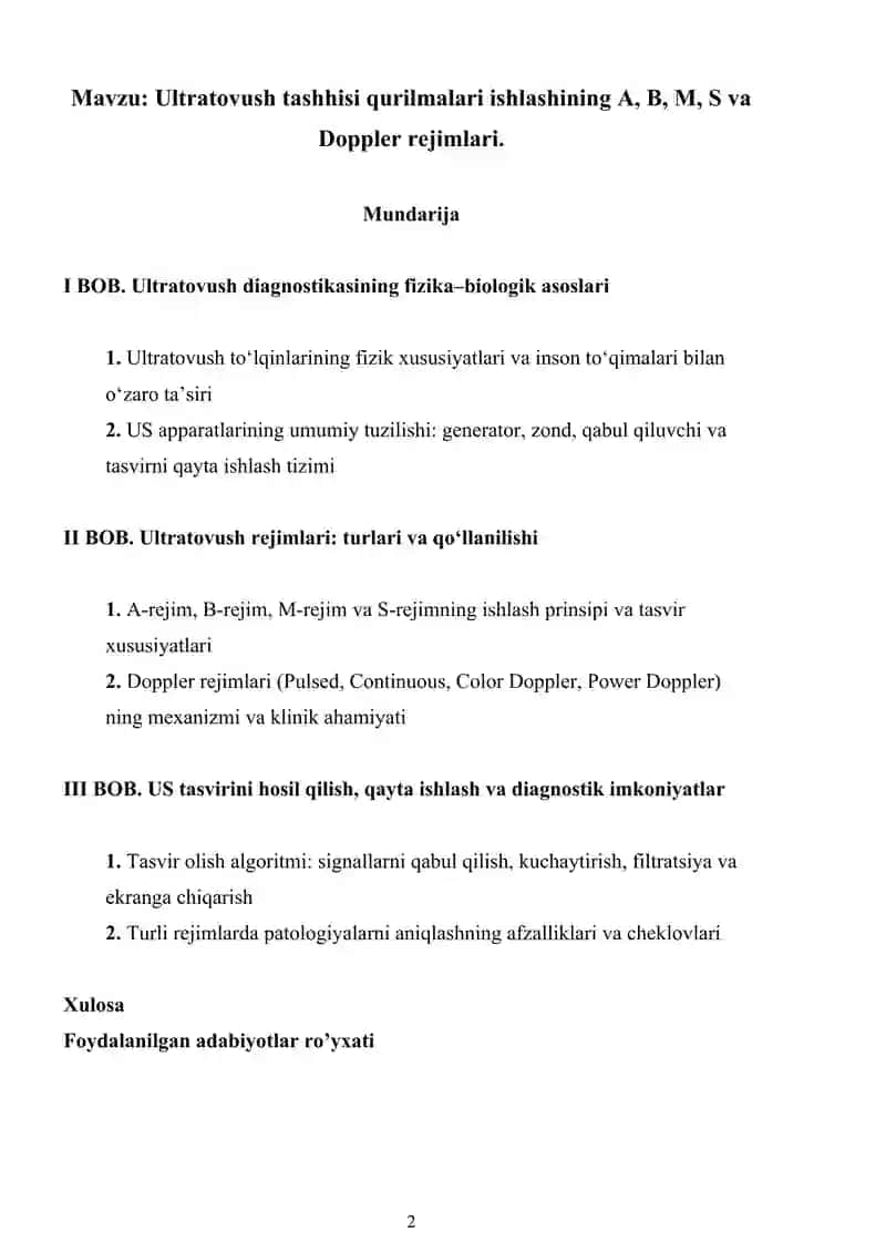 Ultratovush tashhisi qurilmalari ishlashining A, B, M, S va Doppler rejimlari 2