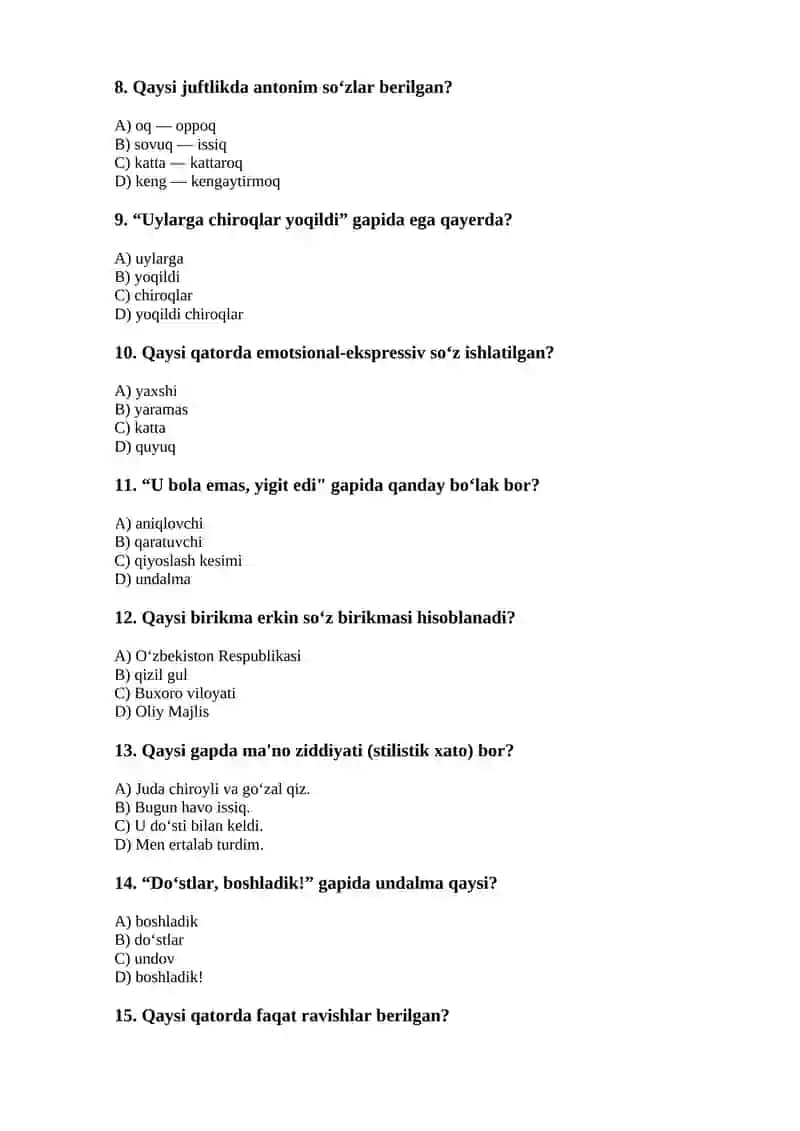 10-sinf Ona tili — Oraliq nazorat (20 ta test) 2