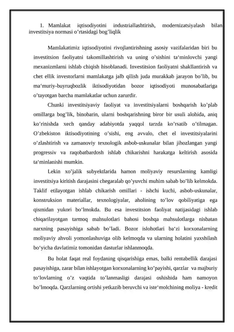 Mamlakat iqtisodiyotini industriallashtirish, modernizatsiyalash bilan investitsiya normasi o’rtasidagi bog’liqlik 2