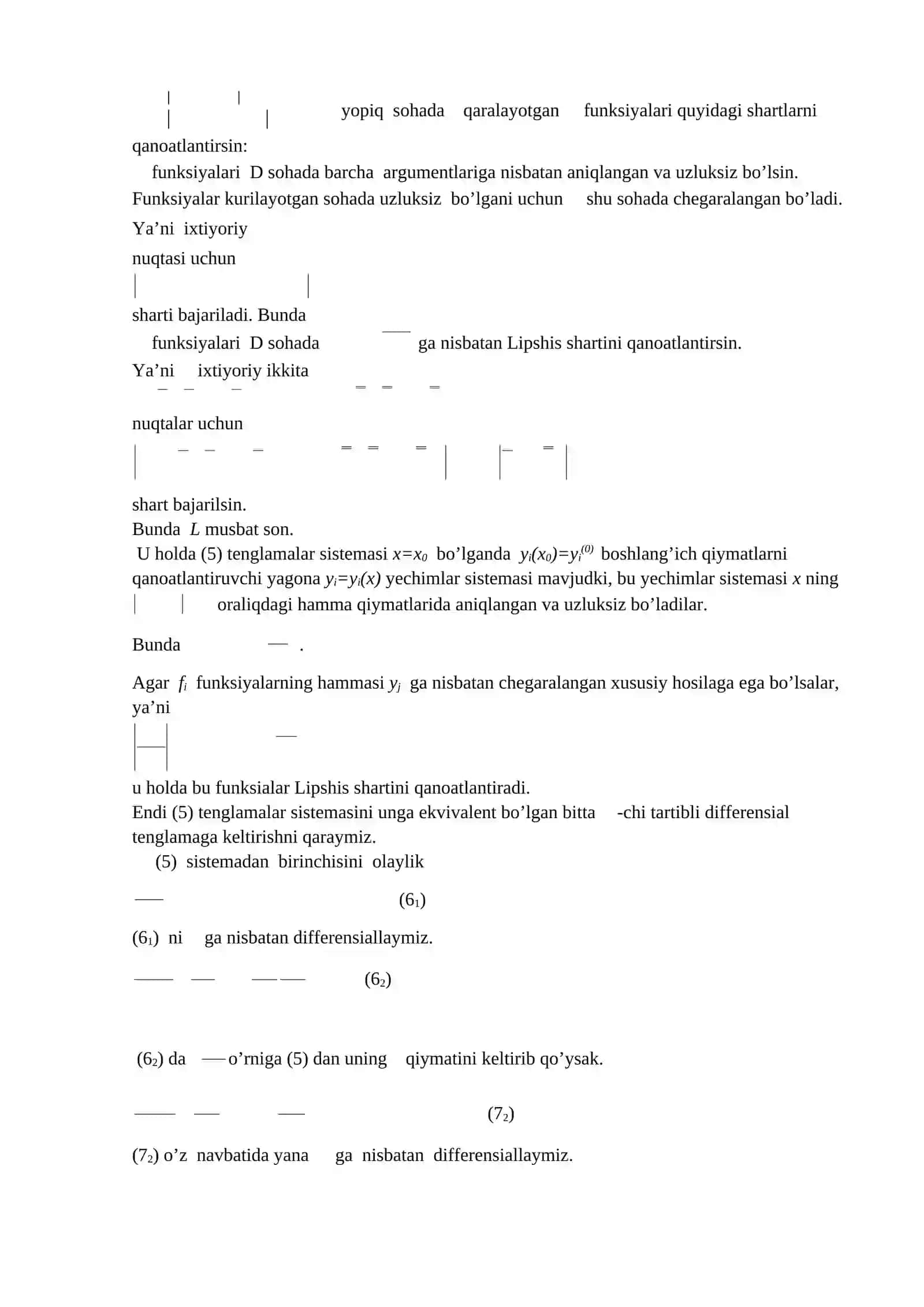 n-tartibli differensial tenglamalar va uni normal holga keltirish. Kanonik ko’rinishdagi n- tartibli differenstial tenglamalar uchun mavjudlik va yagonalik teoremasi 2