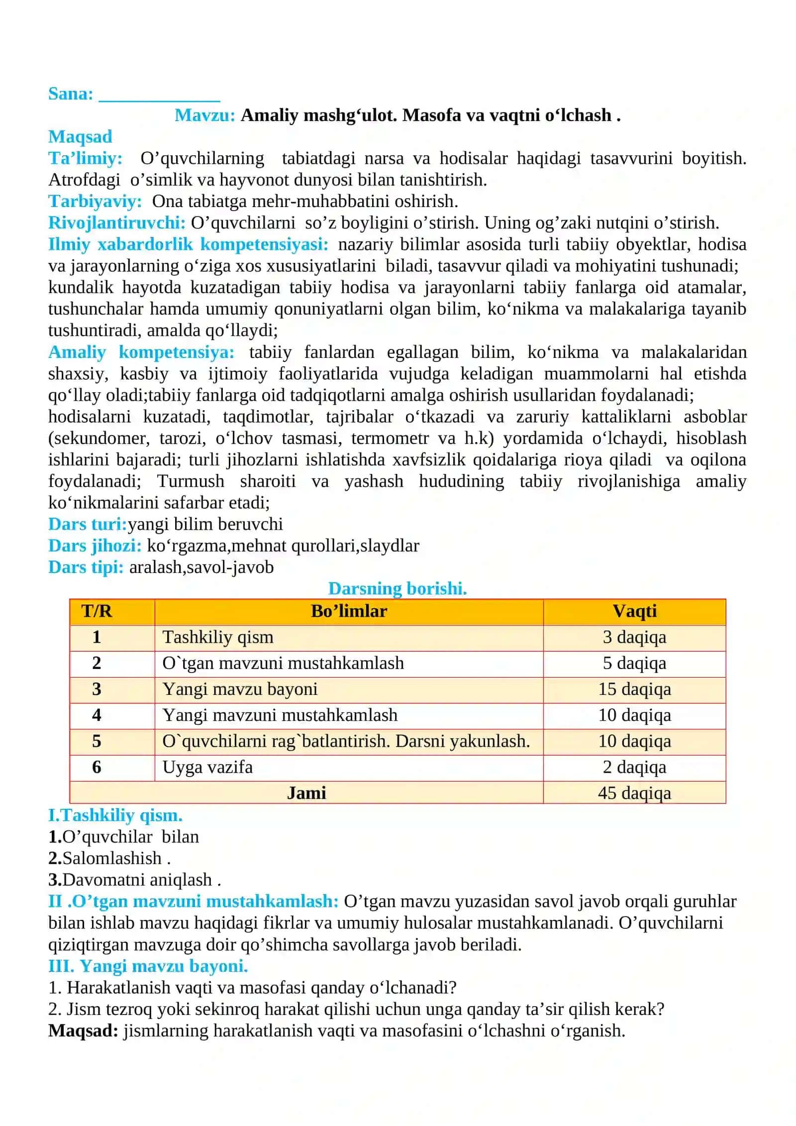3-sinf Tabiiy fan (Science) Masofa va vaqtni o'lchash amaliy mashg'ulot 2