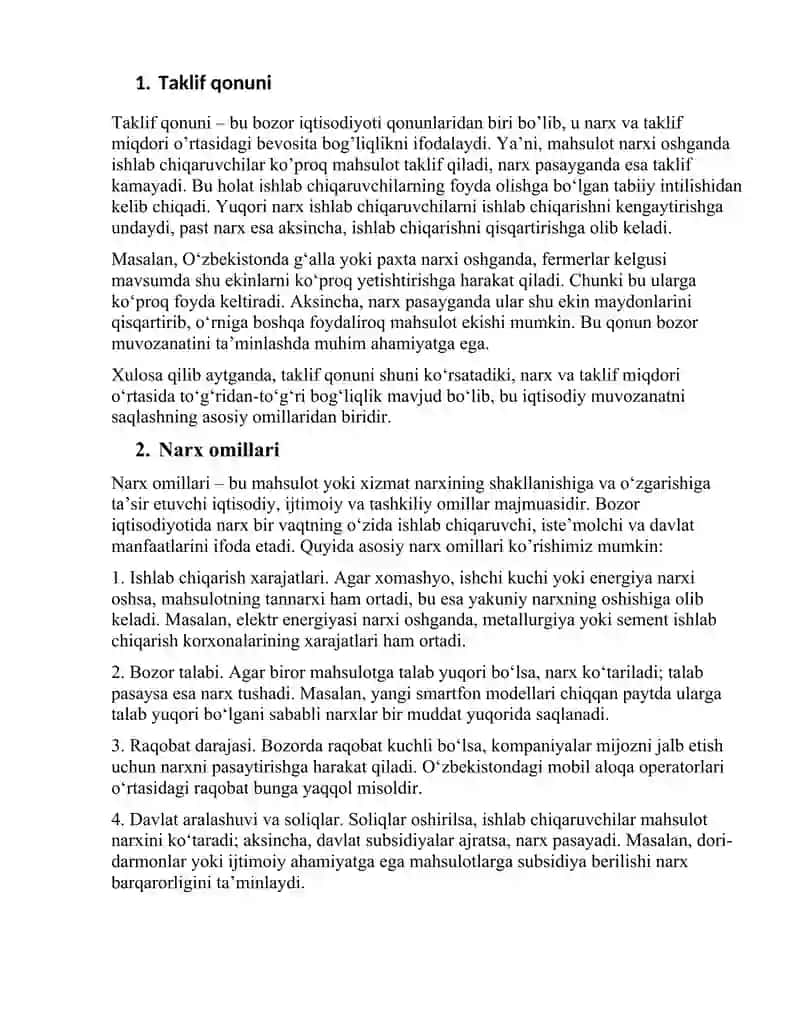 Taklif qonuni, narx omillari, iste’molchi daromadi va talabi 2