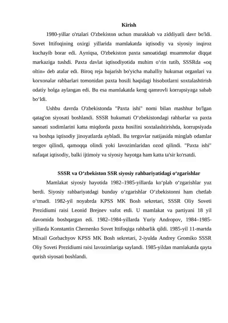XX asr 80-yillari o'rtalarida O'zbekistonda qatag'onlik siyosatining yangi bosqichi Paxta ishi 2