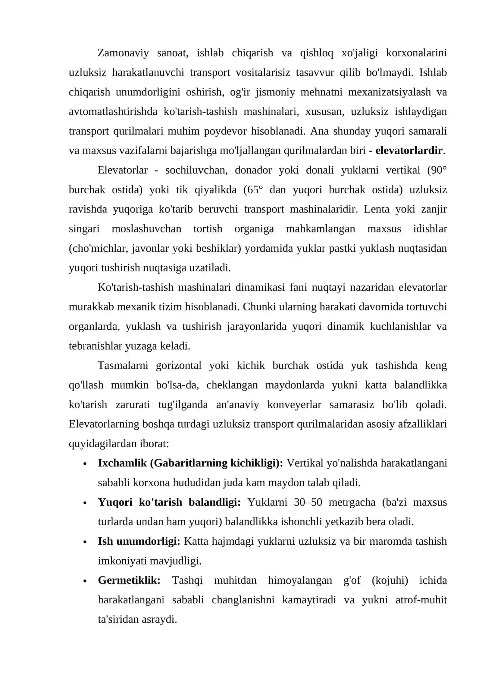 Elevatorning bajaradigan vazifalari. Konstruktiv xilma xilligi 2