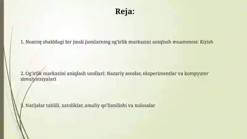 Oddiy shaklli baʼzi bir jinsli jismlarning ogʻirlik markazini aniqlashga doir masala 2