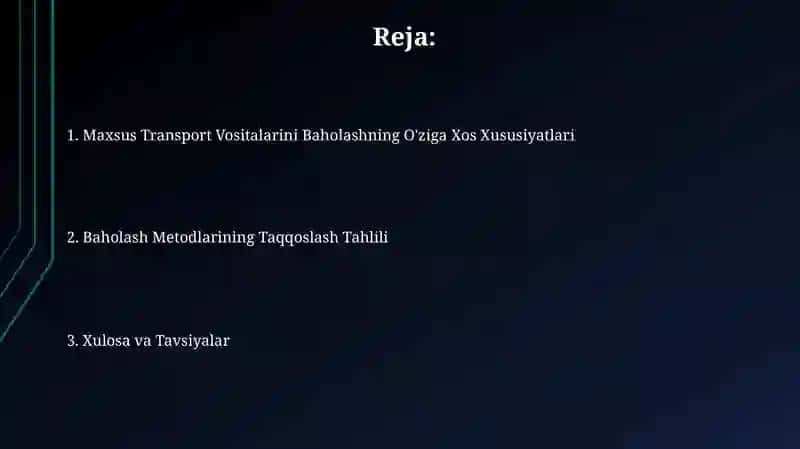 Maxsus Transport Vositalarini Baholash Xususiyatlari 2