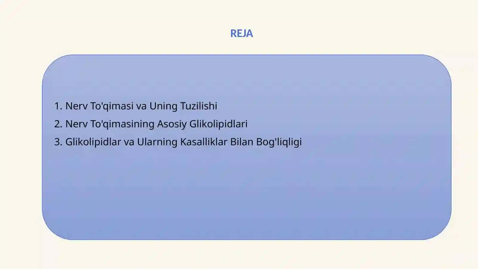 Nerv to'qimasining asosiy glikolipidlari, ahamiyati, ular bilan bog'liq kasalliklar. Neyromediatorlar biosintezi, ahamiyati va kasalliklari 2