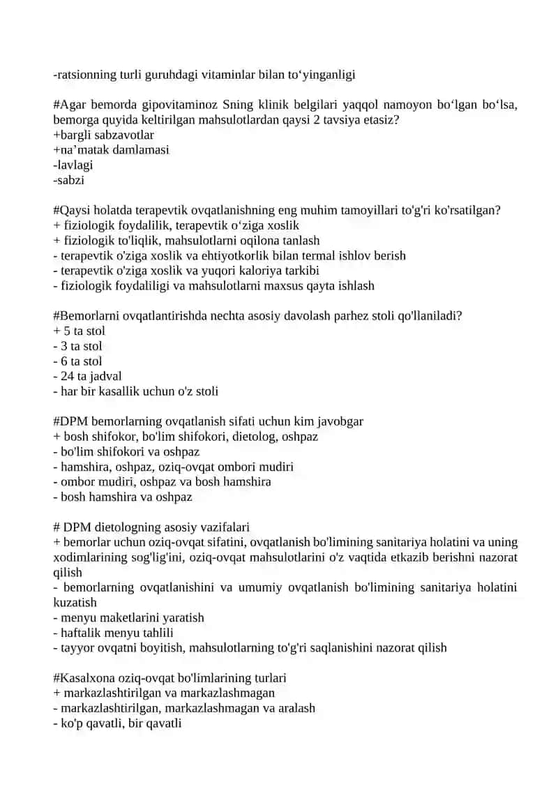 DPM bemorlarning ovqatlantirish sifatiga kim javobgar 2