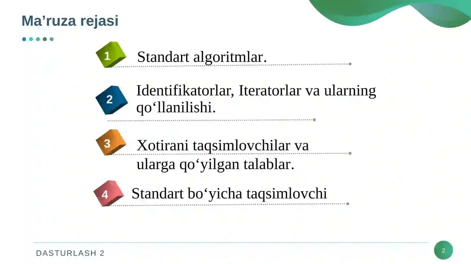 Standart algoritmlar. Iteratorlar va ularning qo‘llanilishi. Xotirani taqsimlovchilar va ularga qo‘yilgan talablar. Standart bo‘yicha taqsimlovchi 2