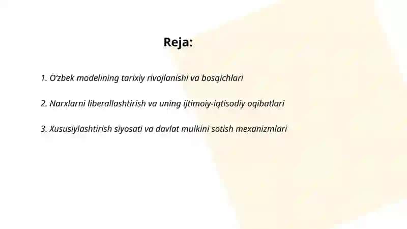 Bozor iqtisodiyotiga o'tishning ozbek modeli va uning xususiyatlari 2