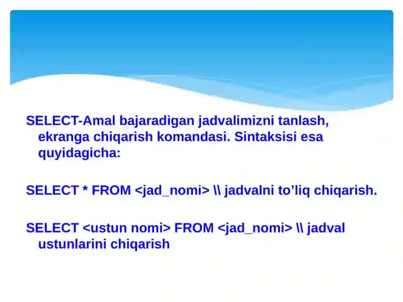 SQL serverda bazadan tanlash (select) va bazani o’chirish (drop) operatorlari 2