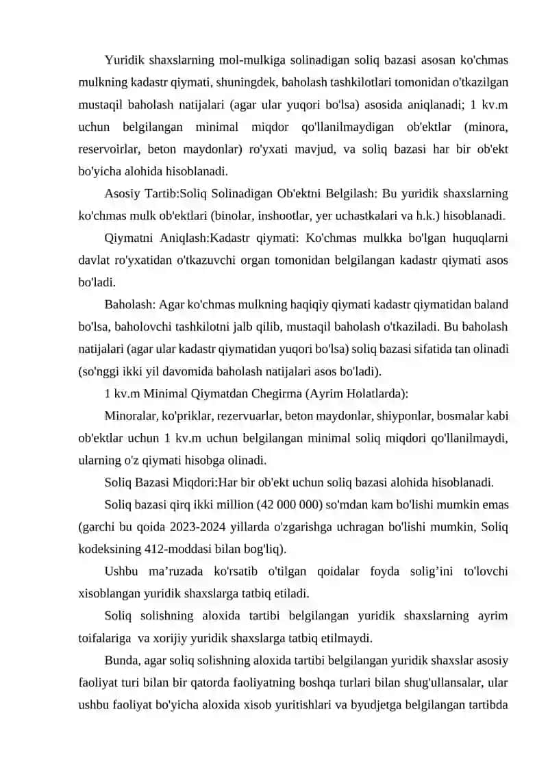 YURIDIK SHAXSLARNING MOL-MULKIGA SOLINADIGAN SOLIQ BA'ZASINI ANIQLASH TARTIBI. 2