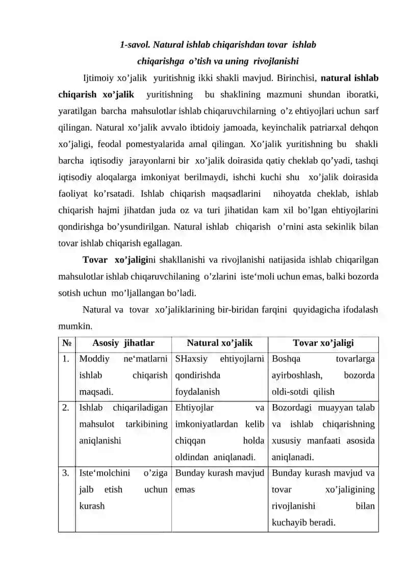 Natural ishlab chiqarishdan tovar ishlab chiqarishga o’tish va uning rivojlanishi 2