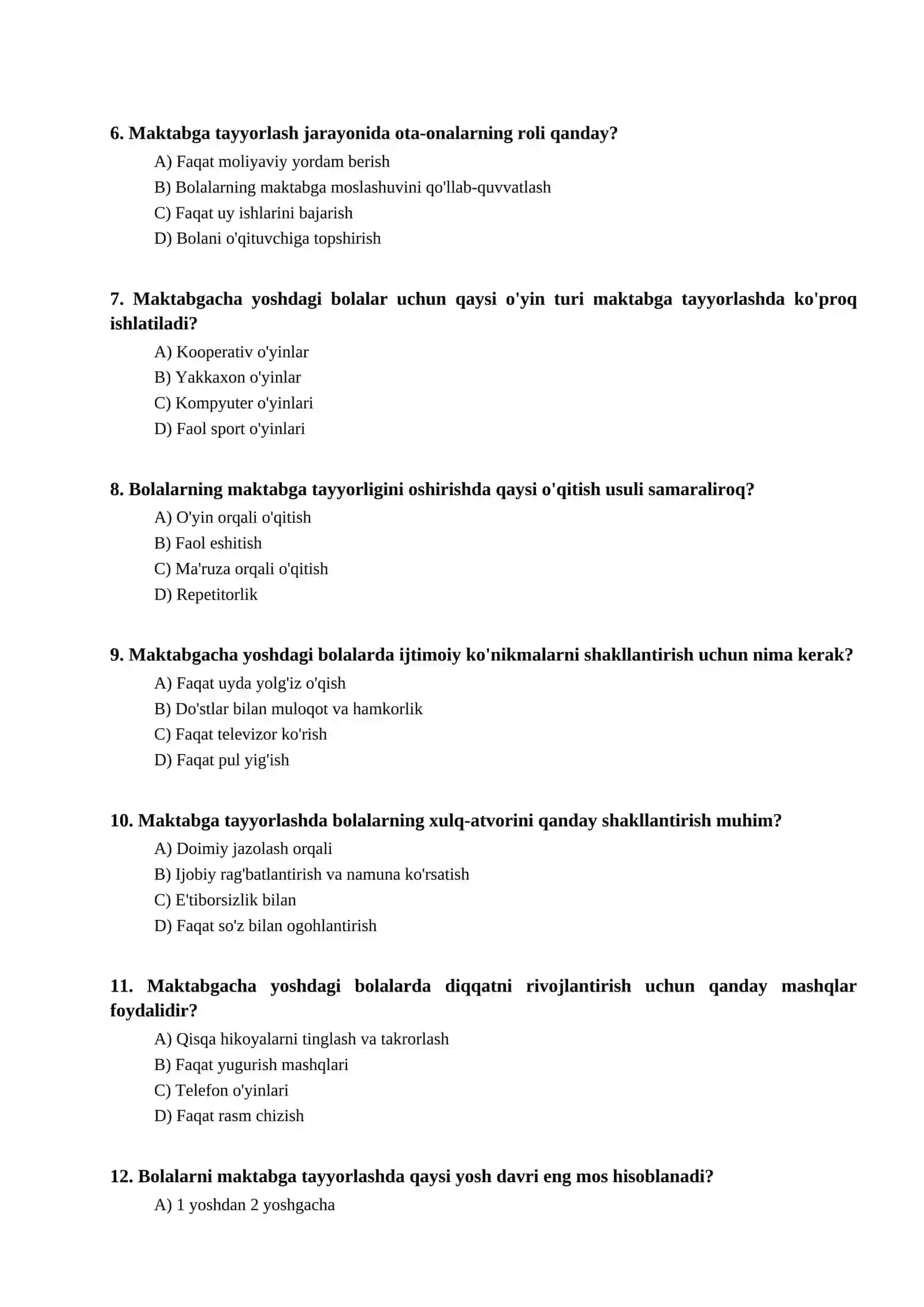 Maktabgacha yoshdagi bolalarni maktab talimiga tayyorlash nazariyasi bo'yicha test 2