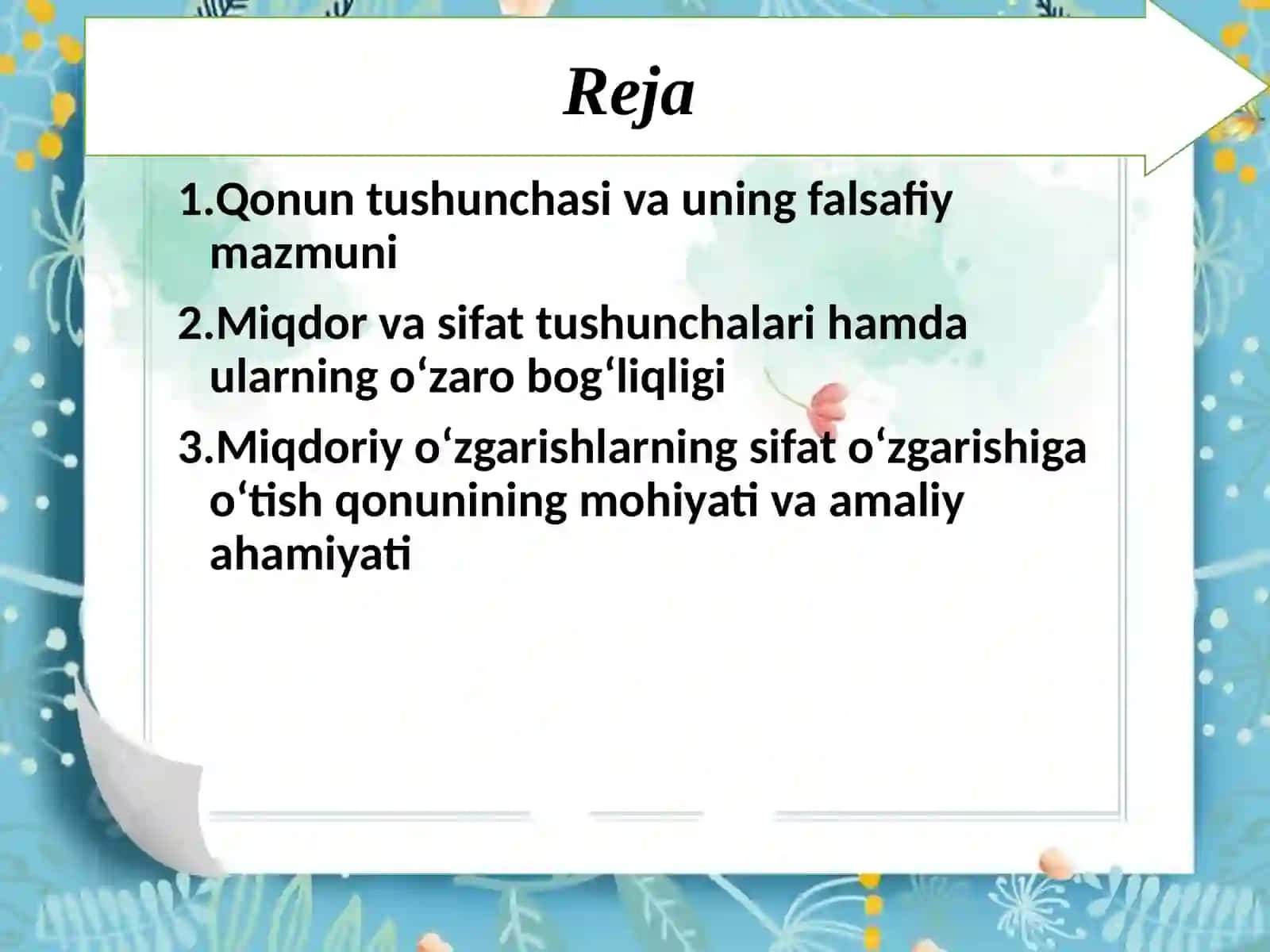 Qonun tushunchasi va miqdor hamda sifatning o‘zaro o‘tish qonuni. 2