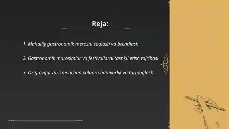 Gastronomik turizmni rivojlantirishda xalqaro va mahalliy tajriba taqdimot 2