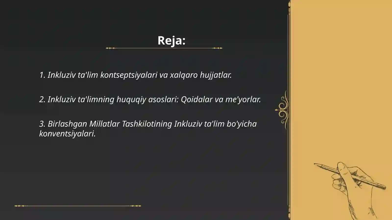 Inkluziv ta'limni huquqiy asoslari me'yoriy huquqiy bazasini xalqaro xujjatlar va O'zbekiston bo‘yicha qiyosiy tahlil qilish manbalar bilan tahlil qilish 2