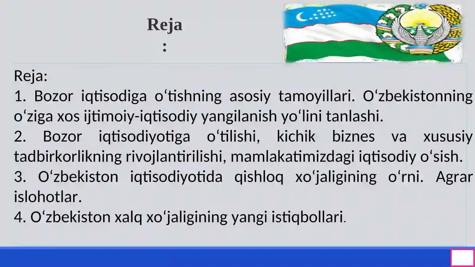 Iqtisodiy islohotlar, xususiy mulkchilikning  shakllanishi. O‘zbekistonda bozor  munosabatlarining rivojlanishi 2