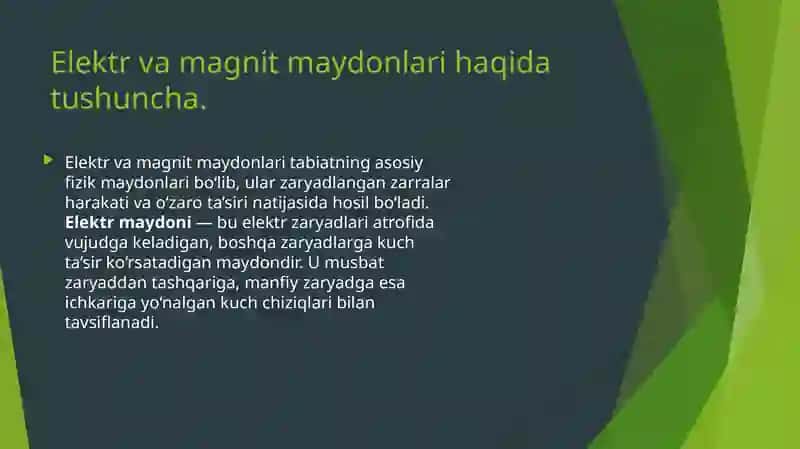 Elektr vz magnit maydonlari va ularning tirik organizmga ta’siri. Elektrografiya usullarini fizik asoslarini o’rganish (EKG, EEG, EMG) 2