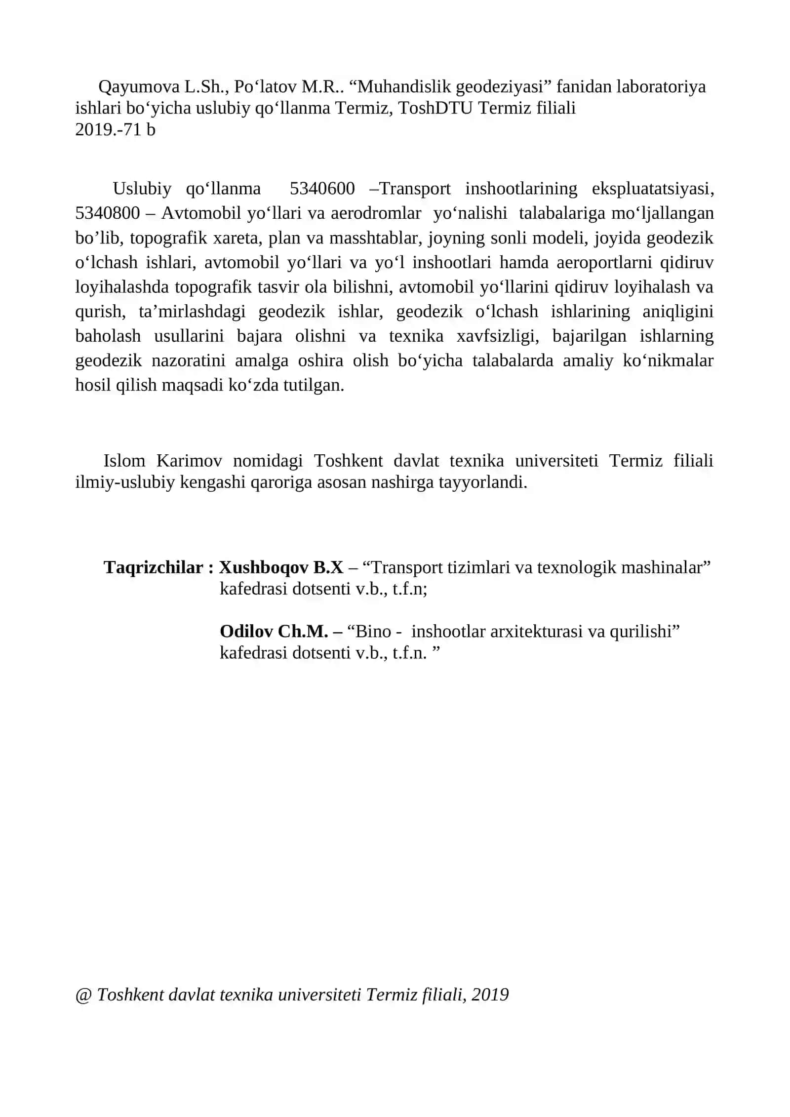 Muhandislik Geodeziyasi Laboratoriya Ishlari 2