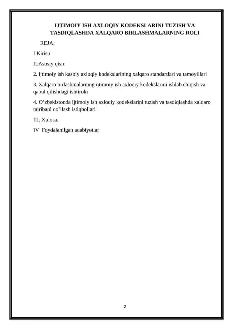 Ijtimoiy ish axloqiy kodekslarini tuzish va tasdiqlashda xalqaro birlashmalarning roli 2