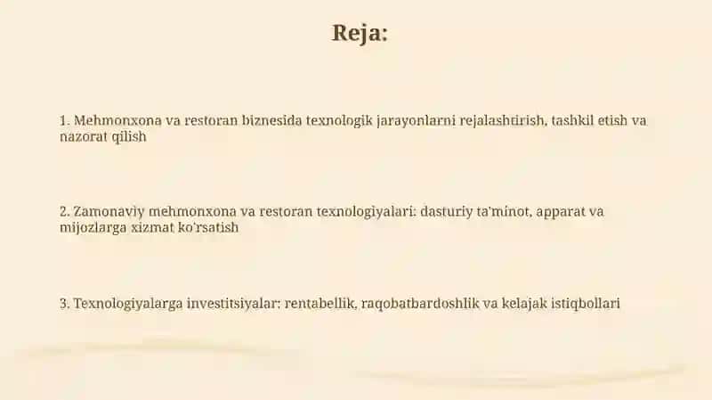 Mehmonxona va restoran biznesidagi texnologik jarayonlarni boshqarish 2