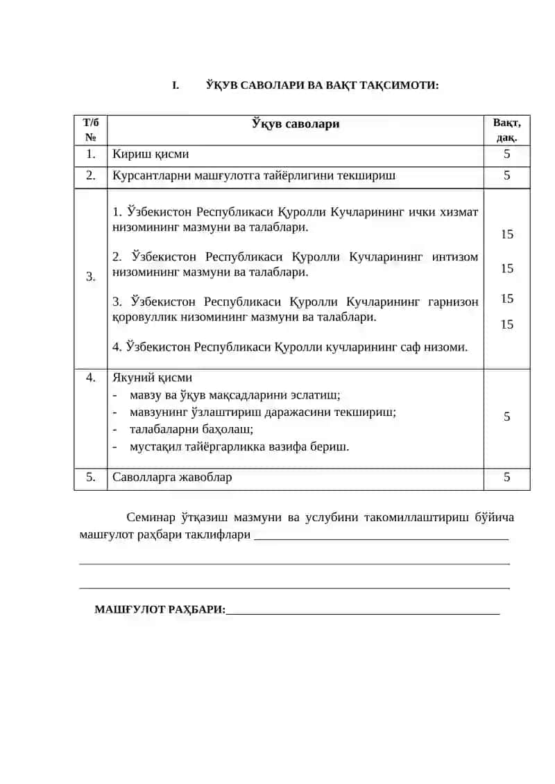 Ўзбекистон Республикаси Қуролли Кучларининг умумҳарбий низомининг мазмуни ва талаблари 2