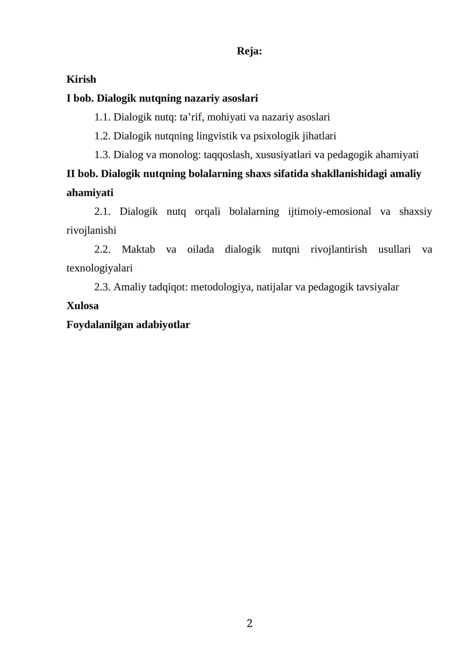 “BOLANING SHAXS SIFATIDA SHAKILLANISHIDA DIALOGIK NUTQNING AHAMIYATI” MAVZUSIDAGI KURS ISHI 2